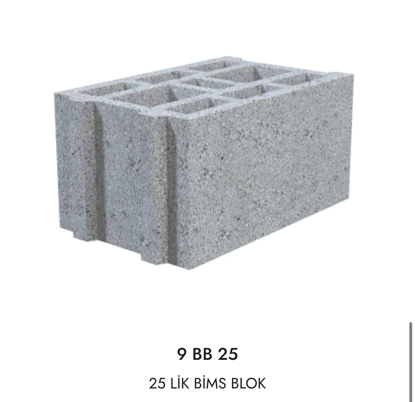 9 BB 25 kodlu 25’lik boşluklu bims blok