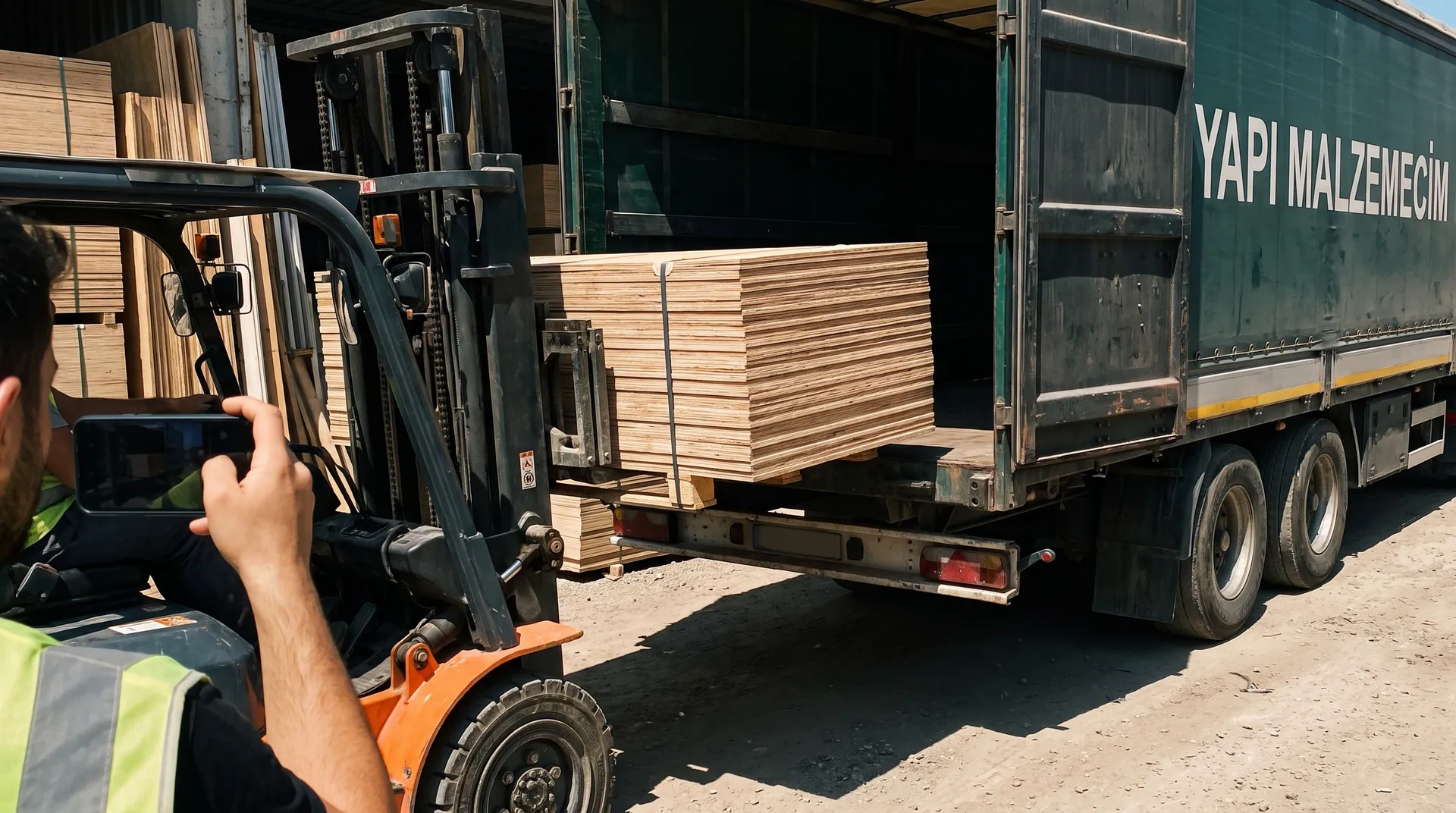Kontrplak paletinin forkliftle tıra yüklenmesi