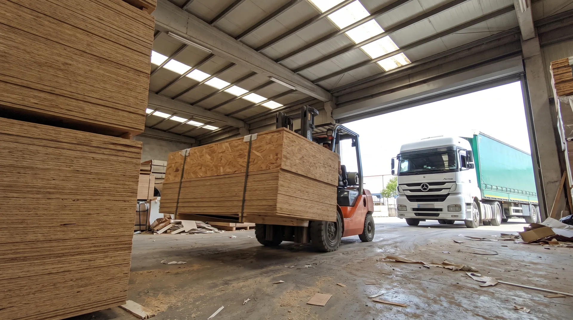 Depodaki kontrplak istifleri arasında levha taşıyan forklift ve tır